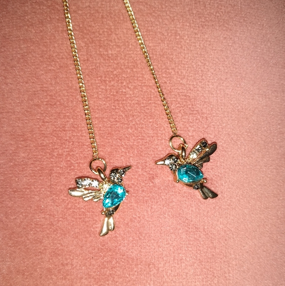 Long Blue Hummingbird Flutter Charm Threader Chain Earrings Gold Bird Dangles - Picture 3 of 5